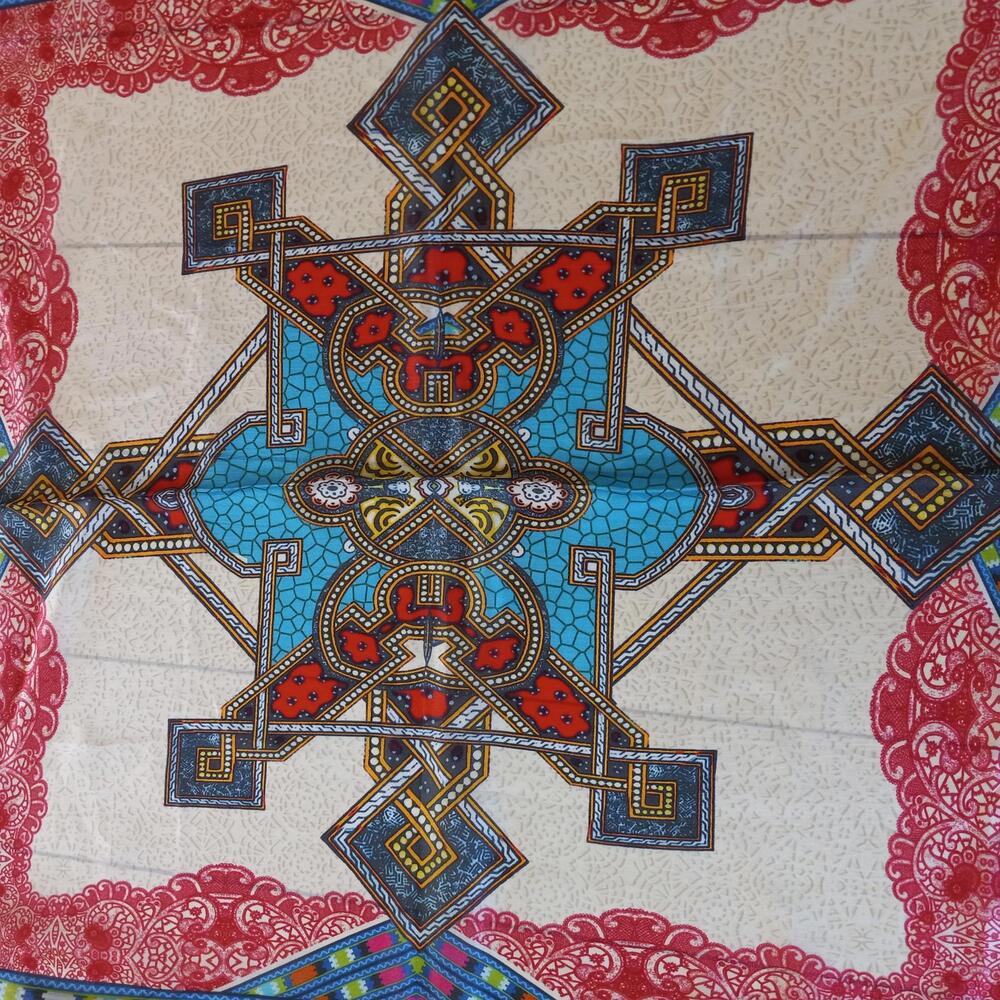 JOHNNY WAS Colorful Printed Silk Scarf w/ Tassels 42"x42"